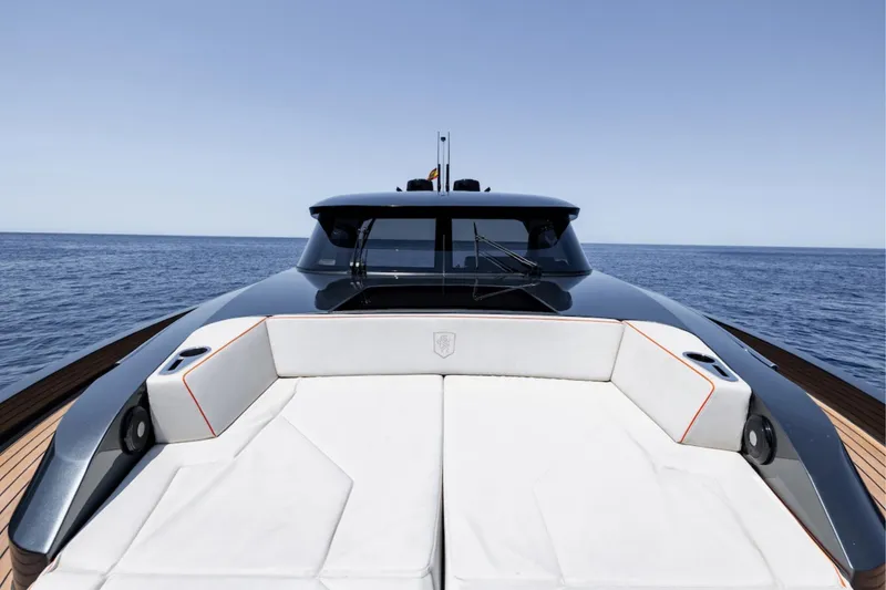 Slide: The Image of 2023 Bekkers Yachts Azur 45HT on open sea, featuring sleek design and luxurious seating. - 2