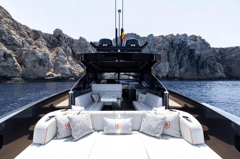 Slide: The Image of Luxurious 2023 Bekkers Yachts Azur 45HT with elegant seating, cruising near rocky cliffs. - 21