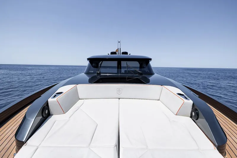 Slide: The Image of 2023 Bekkers Yachts Azur 45HT luxury yacht on open sea, featuring sleek design and spacious deck. - 41