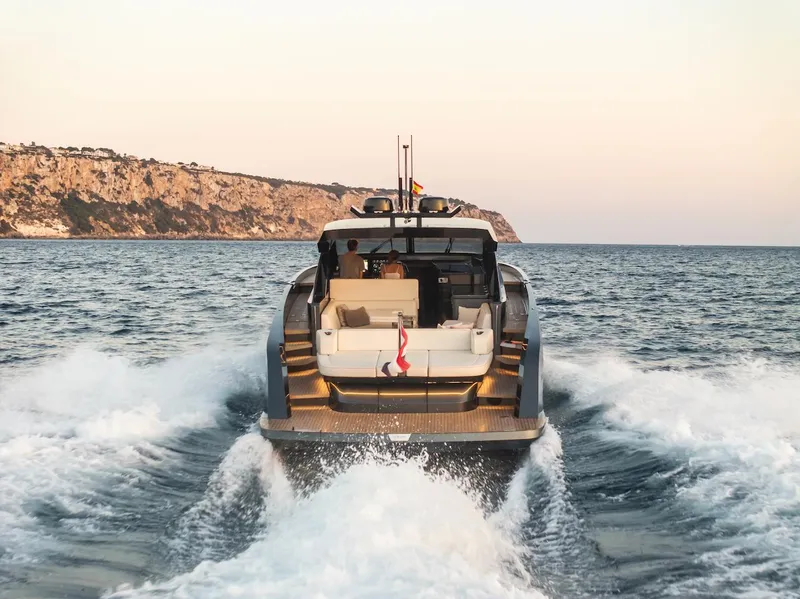 Slide: The Image of 2023 Bekkers Yachts Azur 45HT cruising on open water at sunset. - 6