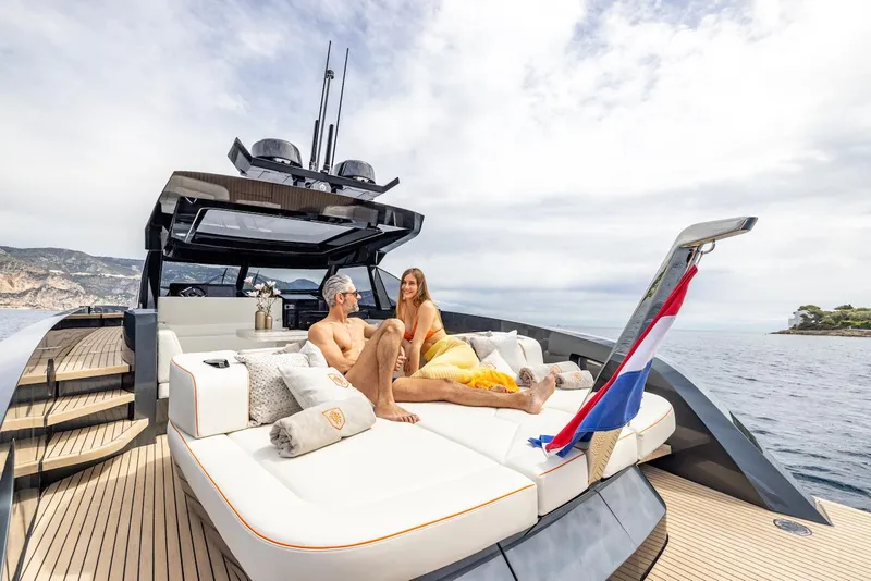 Slide: The Image of 2023 Bekkers Yachts Azur 45HT with people relaxing on deck, ocean view. - 7
