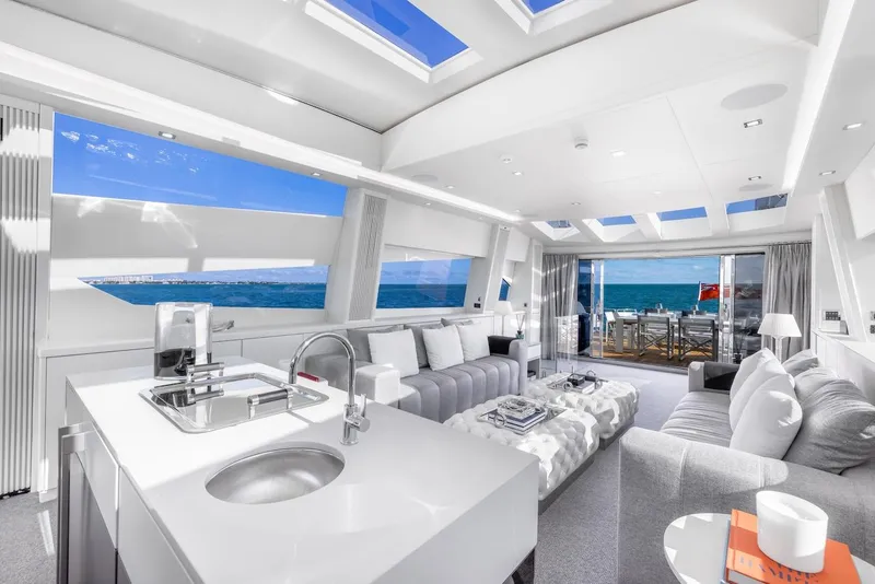 Slide: The Image of Luxurious interior of 2008 Sunseeker Predator 108 yacht with ocean view and modern furnishings. - 11