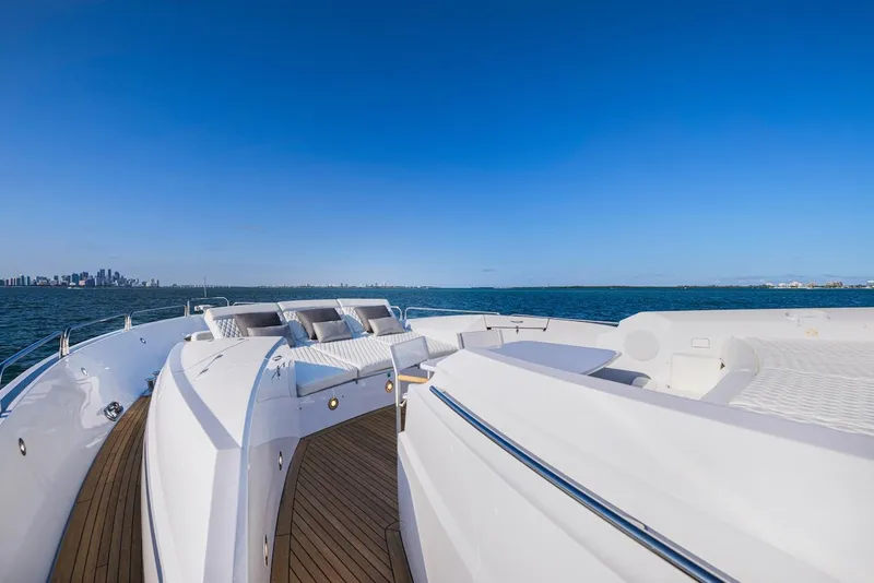 Slide: The Image of 2008 Sunseeker Predator 108 yacht deck with ocean view and clear blue sky. - 20