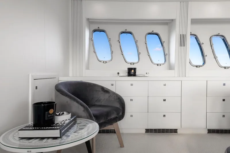 Slide: The Image of Luxurious interior of 2008 Sunseeker Predator 108 yacht with modern furnishings and ocean view. - 28