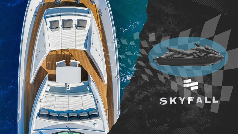 Slide: The Image of Sunseeker Predator 108 yacht, 2008 model, aerial view with "Skyfall" branding and jet ski illustration. - 41