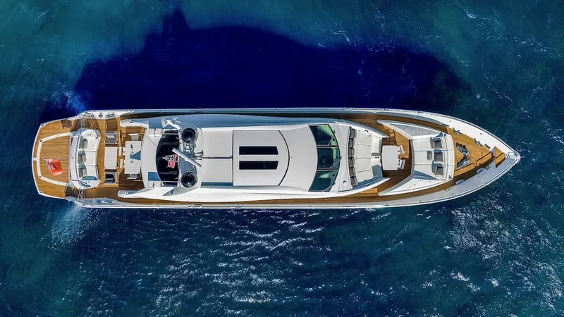 Slide: The Image of Aerial view of 2008 Sunseeker Predator 108 yacht on blue ocean water. - 47