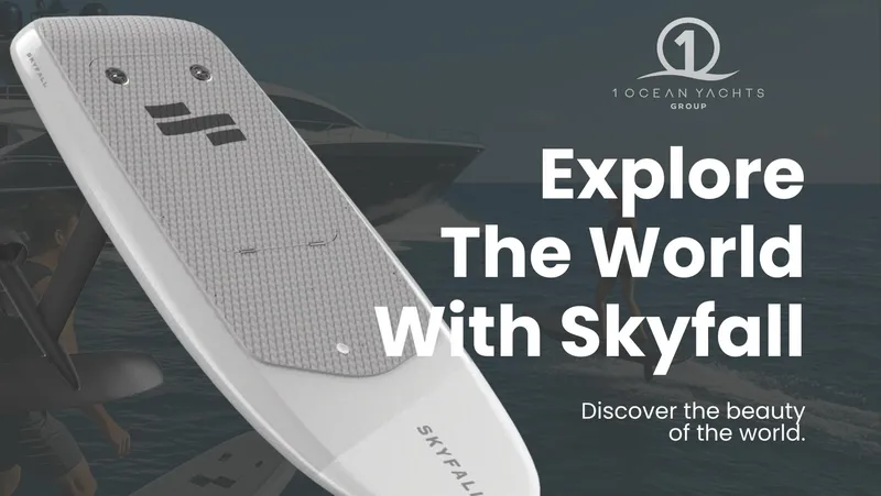 Slide: The Image of Sunseeker Predator 108 yacht with Skyfall surfboard, promoting ocean exploration and adventure. - 49