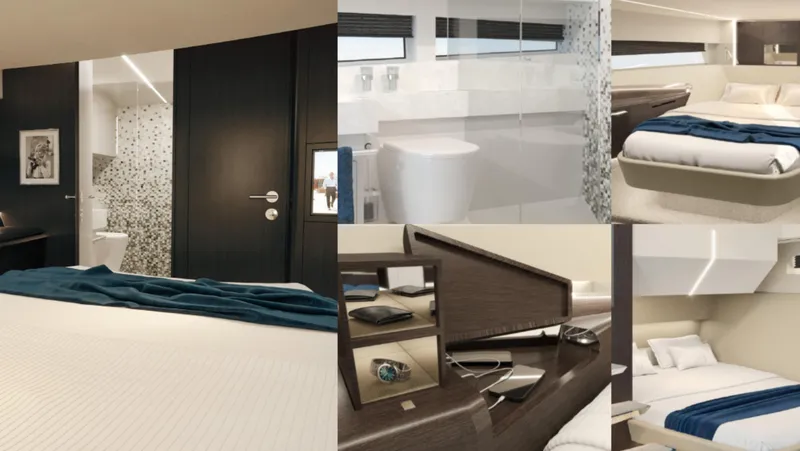 Slide: The Image of Luxurious interior of 2026 Bekkers Yachts AZUR 45SR, featuring modern bedroom and bathroom design. - 5