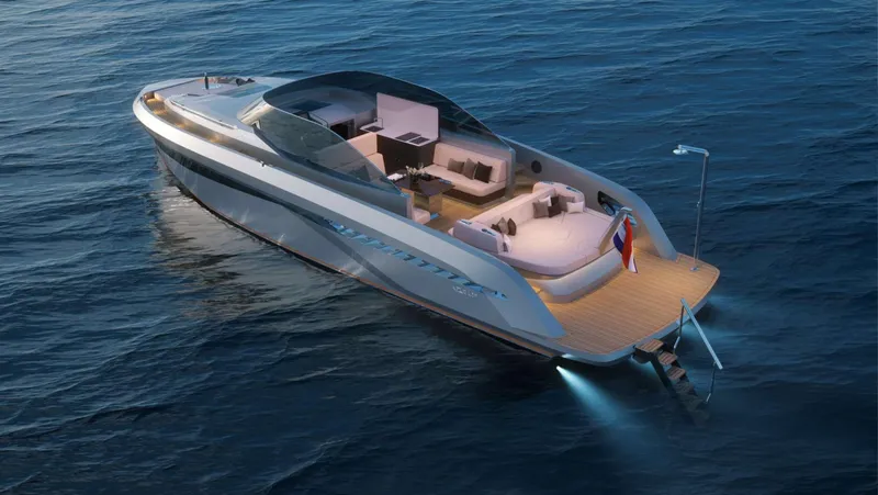 Slide: The Image of Luxury Bekkers Yachts AZUR 45SR, 2026 model, cruising on serene waters at sunset. - 2