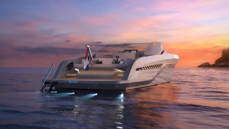Slide: The Image of Luxury Bekkers Yachts AZUR 45SR, 2026 model, at sunset on calm waters. - 3