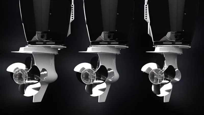 Slide: The Image of Three outboard motors of the 2026 Bekkers Yachts AZUR 45HT, showcasing sleek propeller design. - 11