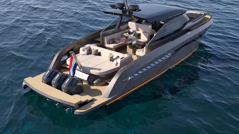 Slide: The Image of 2026 Bekkers Yachts AZUR 45HT, sleek design, outboard engines, luxury seating, on open water. - 3