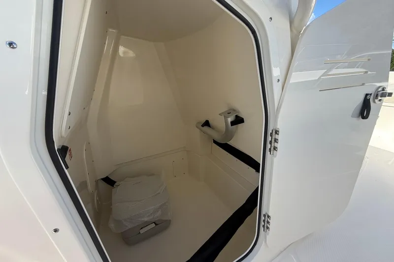 Slide: The Image of Interior of 2026 Boston Whaler 250 Dauntless boat storage compartment. - 18