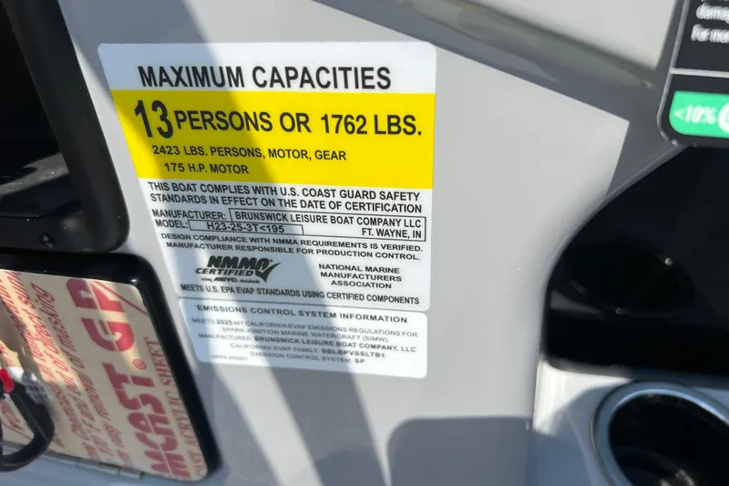 Slide: The Image of 2025 Harris Cruiser 230 capacity label: 13 persons or 1762 lbs, 175 HP motor. - 25