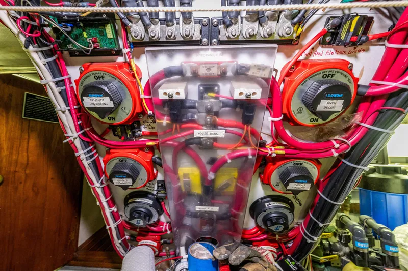 Slide: The Image of Electrical panel of a 1978 Hidden Harbor Custom Trawler with switches and wiring. - 43