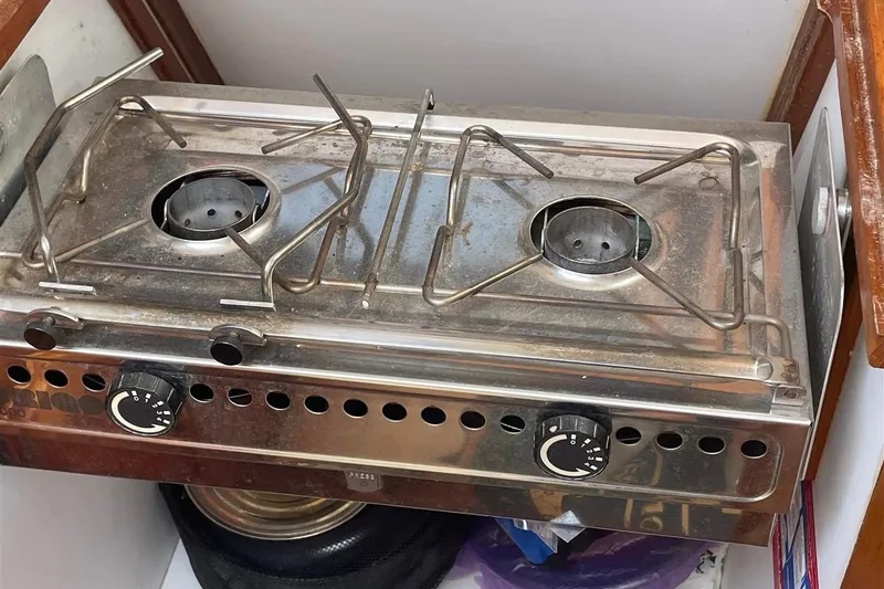 Slide: The Image of Stainless steel stove in 1986 J Boats J/28 yacht kitchen area. - 36