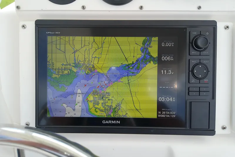 Slide: The Image of Garmin GPS display on 2008 Everglades 210CC boat, showing navigational map and data. - 22