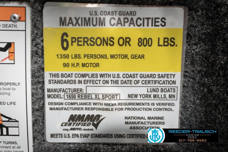 Slide: The Image of U.S. Coast Guard capacity label for 2026 Lund 1650 Rebel XL Sport boat, 6-person limit. - 59