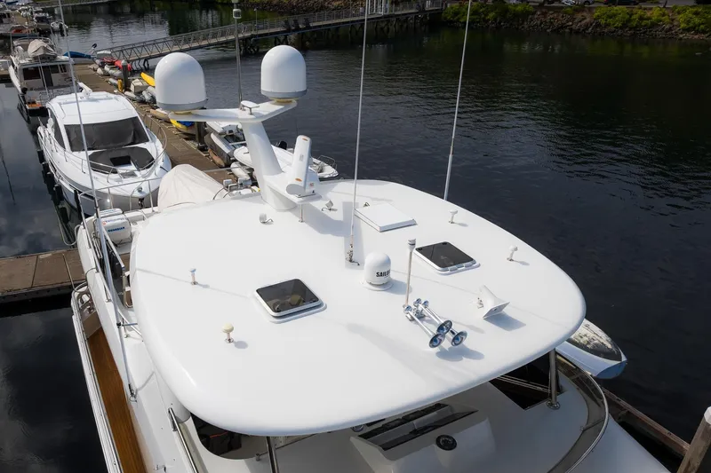 Slide: The Image of 2013 Ocean Alexander 72 Pilothouse yacht docked at marina, aerial view. - 10