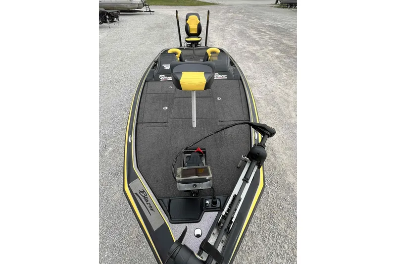 Slide: The Image of 2017 Blazer 625 Pro Elite fishing boat with yellow accents and advanced equipment. - 16