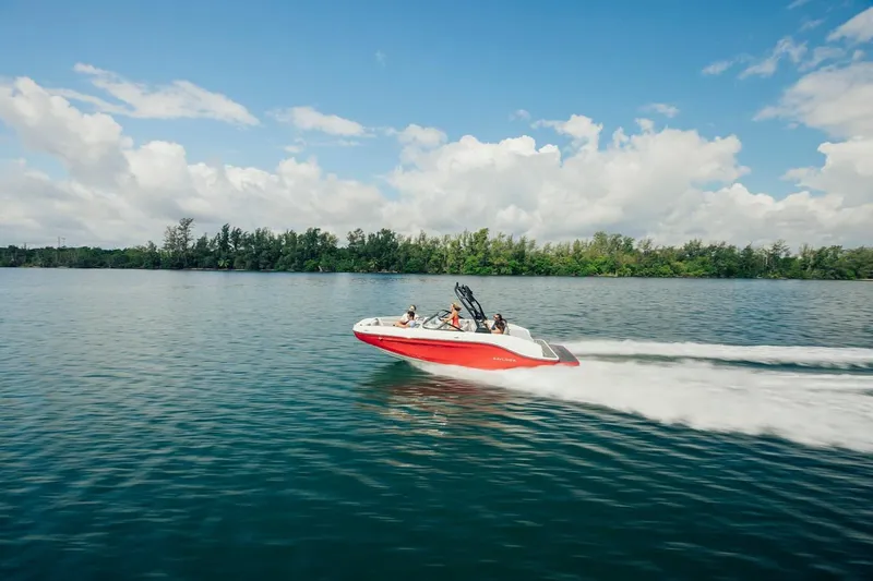 Slide: The Image of 2024 Bayliner DX 2050 speedboat cruising on a serene lake under a clear blue sky. - 5