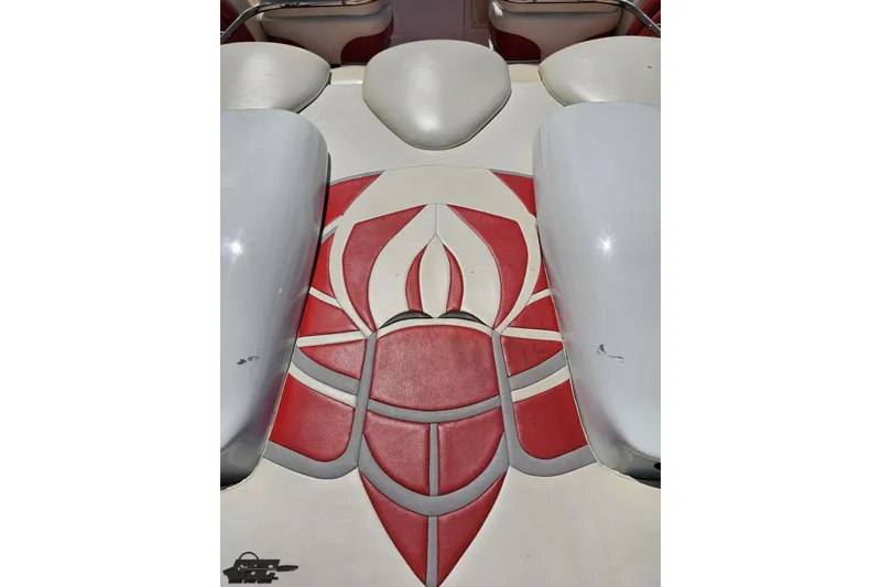 Slide: The Image of 2001 Wellcraft 33 Scarab AVS boat interior with red and white upholstery design. - 45