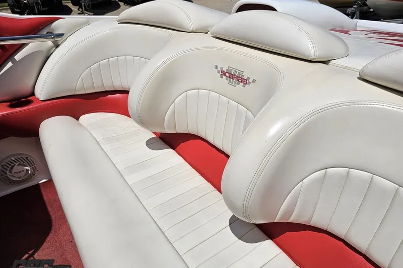 Slide: The Image of 2001 Wellcraft 33 Scarab AVS interior with white and red leather seating. - 88