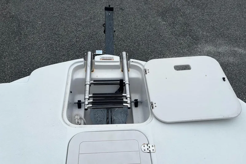 Slide: The Image of 2017 Starcraft Limited 2000 OB boat with open storage compartment and ladder. - 17