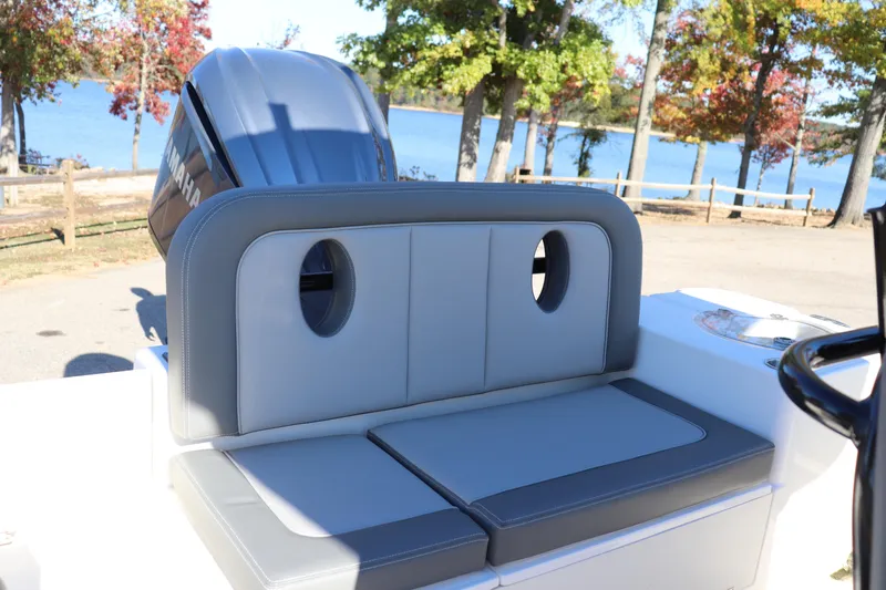 Slide: The Image of 2024 Sea Born LX24 Center Console boat with cushioned seating, docked by a scenic lake. - 12