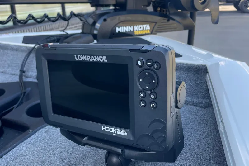 Slide: The Image of Lowrance fish finder on 2021 Bass Tracker PT175 boat with Minn Kota trolling motor. - 11