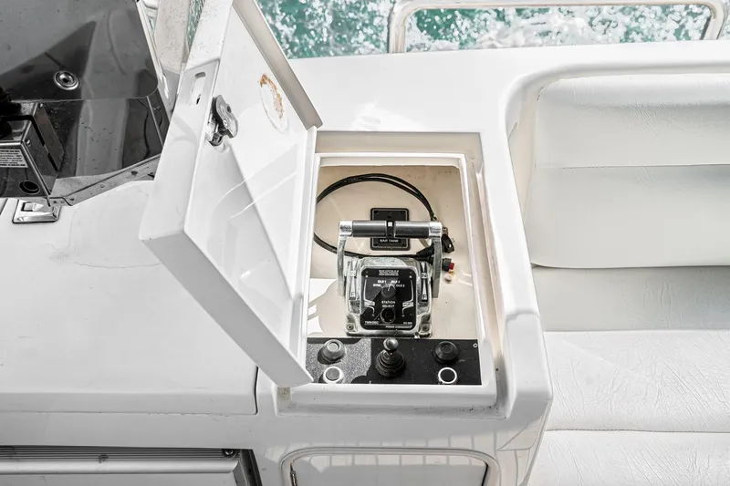 Slide: The Image of Control panel on 2002 McKinna 57 Pilothouse yacht, featuring switches and wiring. - 28