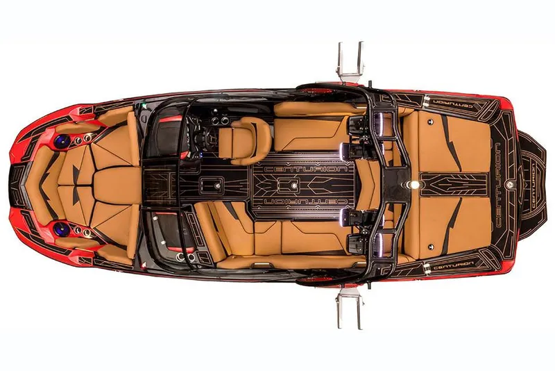Slide: The Image of Manufacturer Provided Image: 2018 Centurion Fi23 boat interior, top view, tan and black seating, red accents. - 17