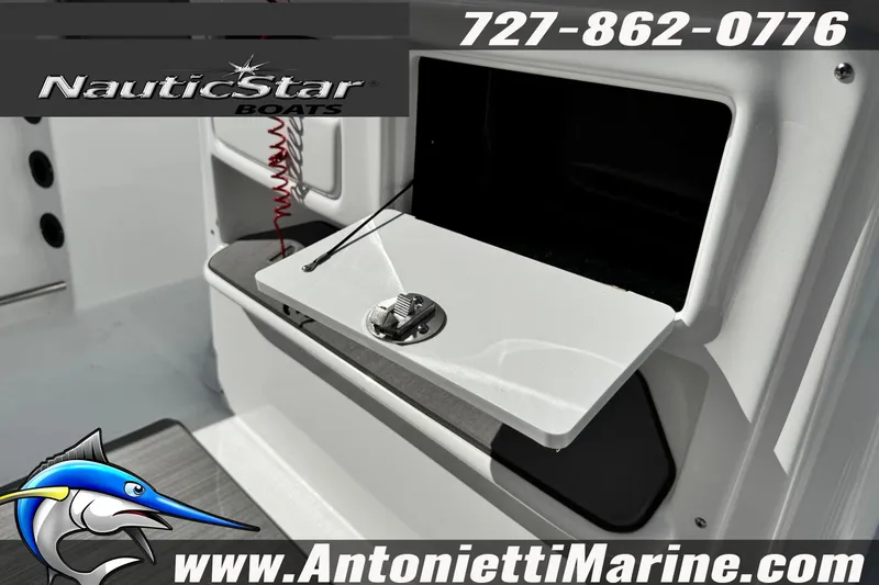 Slide: The Image of 2026 NauticStar 251 Hybrid boat interior detail with storage compartment, Antonietti Marine branding. - 10