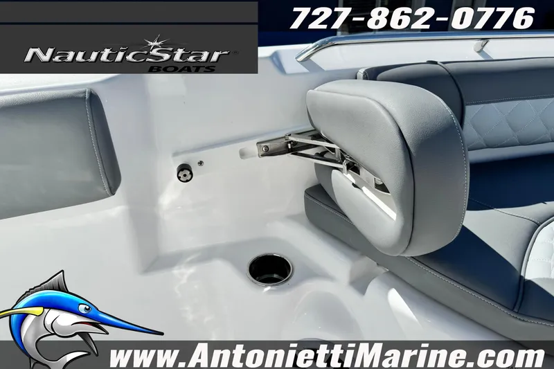 Slide: The Image of 2026 NauticStar 251 Hybrid boat seating detail with logo and contact information. - 17