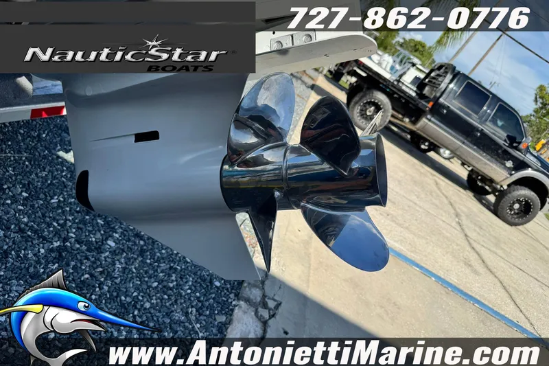 Slide: The Image of 2026 NauticStar 251 Hybrid boat propeller with truck in background, Antonietti Marine branding. - 3