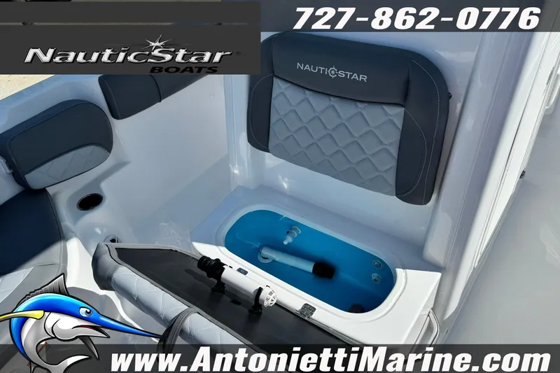 Slide: The Image of 2026 NauticStar 251 Hybrid boat interior with seating and storage, Antonietti Marine branding. - 33