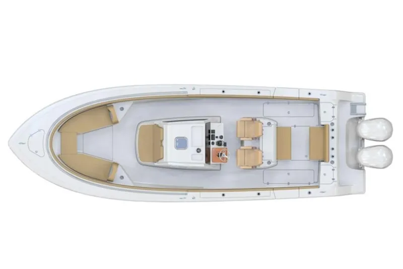 Slide: The Image of 2026 Sportsman Open 302 Center Console boat, top view, dual engines, spacious seating. - 1
