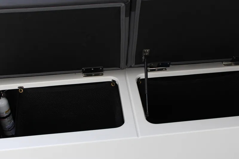 Slide: The Image of Open storage compartments on 2025 Cobalt R33 boat, featuring black interior and hydraulic hinges. - 21