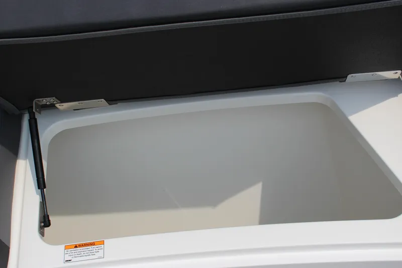 Slide: The Image of Open storage compartment in 2025 Cobalt R33 boat, featuring hydraulic support. - 49