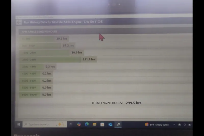 Slide: The Image of Display screen showing engine hours for Cypress Cay Seabreeze 253, 2017 model. Total: 299.5 hours. - 16