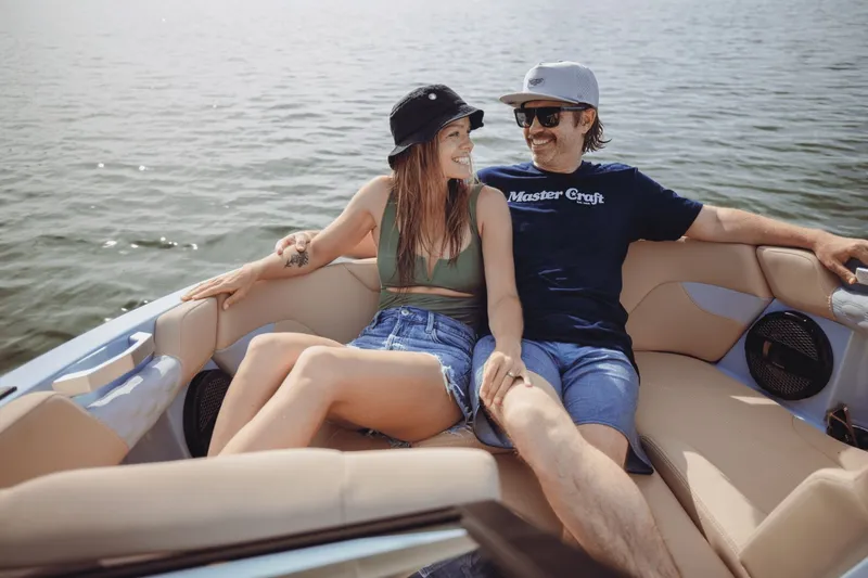 Slide: The Image of Interior of 2026 MasterCraft XT20 with beige leather seating. - 13