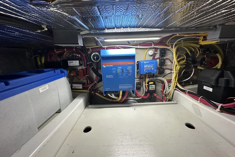 Slide: The Image of Electrical system of a 2005 American Tug 34 Pilothouse, featuring wiring and components. - 101