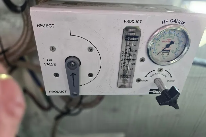Slide: The Image of Control panel with gauges and valves on a 2005 American Tug 34 Pilothouse. - 111