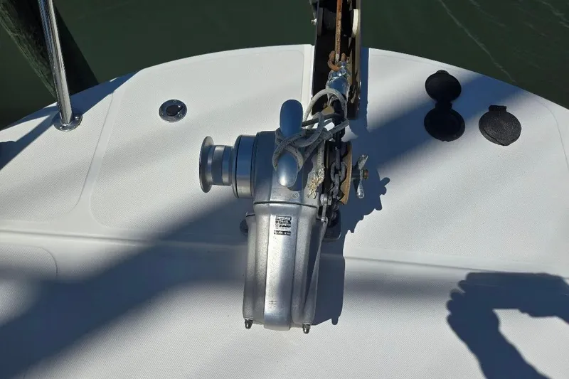 Slide: The Image of Anchor winch on 2005 American Tug 34 Pilothouse boat deck. - 70