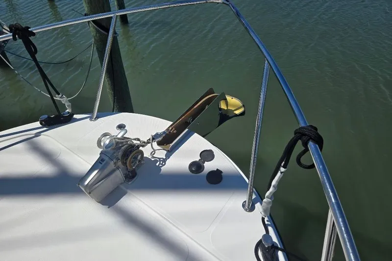 Slide: The Image of Bow of 2005 American Tug 34 Pilothouse with anchor and winch system. - 71