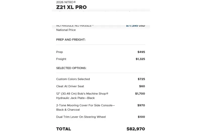 Slide: The Image of 2026 Nitro Z21 XL Pro pricing details with selected options and total cost. - 19