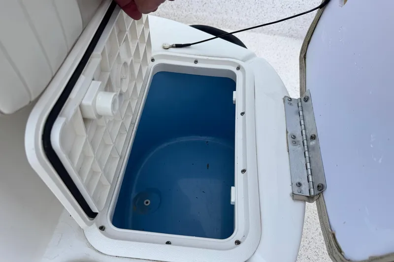 Slide: The Image of Open storage compartment on a 2019 Carolina Skiff 218 DLV boat. - 10
