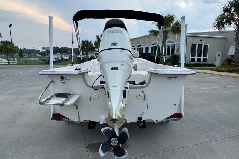 Slide: The Image of 2019 Carolina Skiff 218 DLV boat, rear view with outboard motor and swim platform. - 3