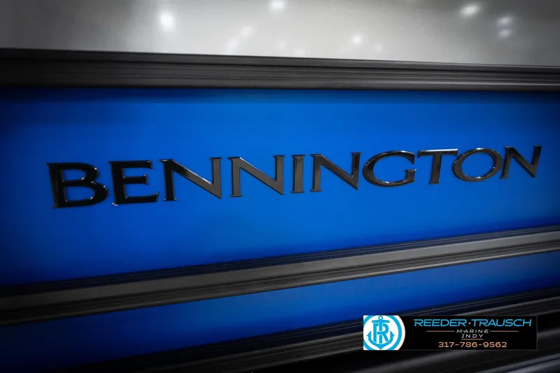 Slide: The Image of 2026 Bennington 22 SSB boat logo on blue background, Reeder-Trausch Marine contact info. - 59