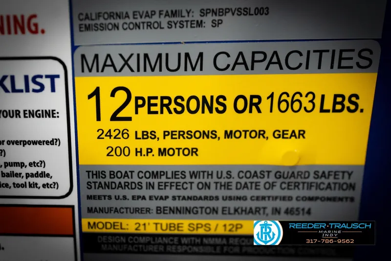 Slide: The Image of 2026 Bennington 22 SSB boat capacity label: 12 persons or 1663 lbs, 200 HP motor. - 64
